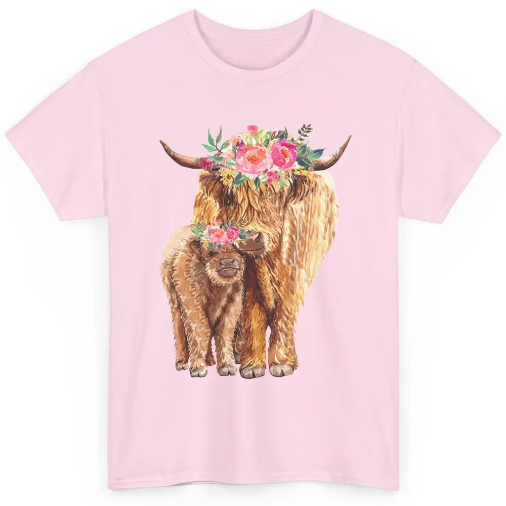 Floral Highland Cow Mom And Baby Western Country Heifer Mom Classic Unisex T-Shirt