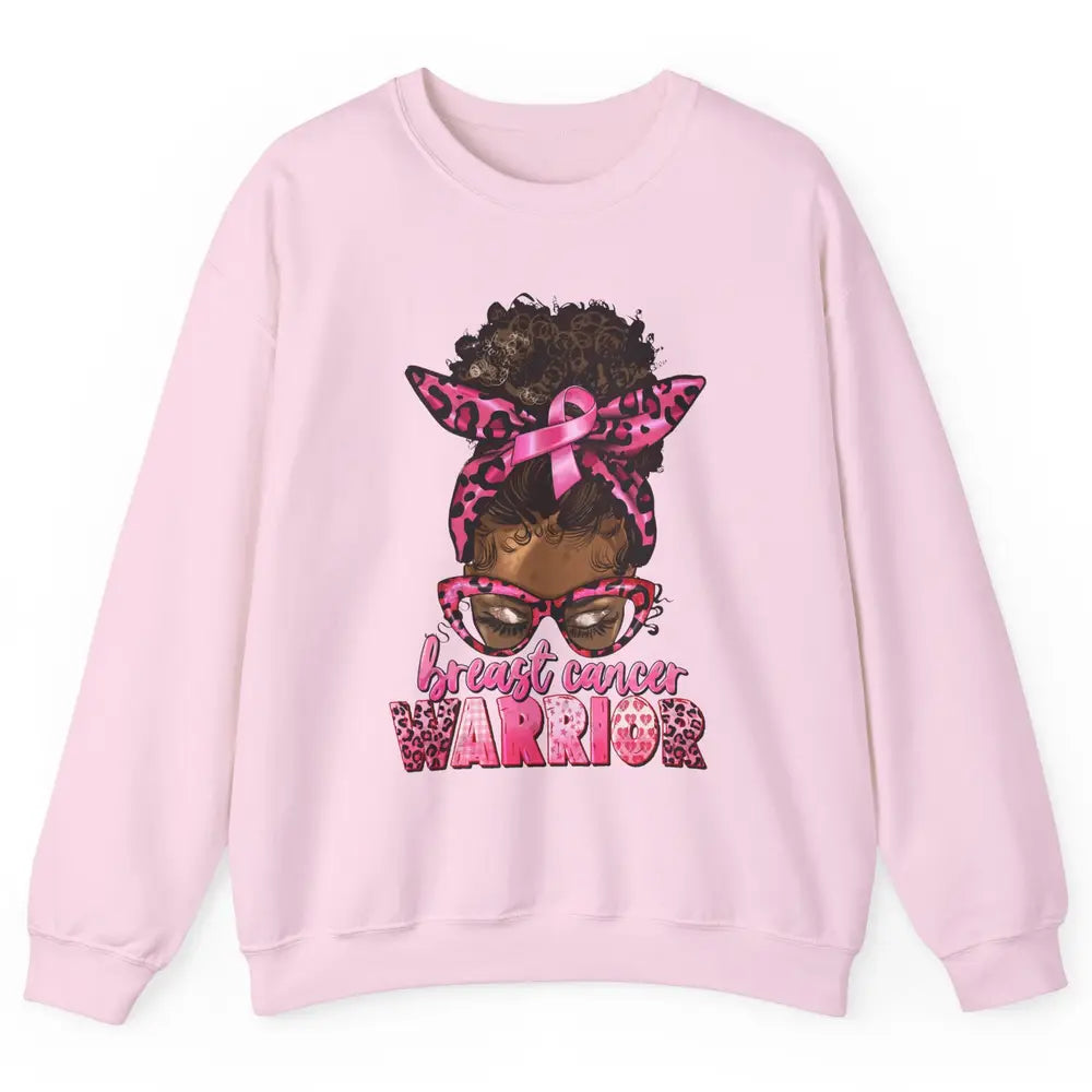 Afro Black Woman Breast Cancer Awareness Messy Bun Leopard Unisex Crewneck Sweatshirt