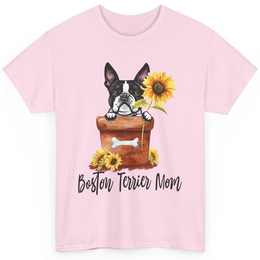 Funny Boston Terrier Dog Face Sunflowers Puppy Dog Mom Mama Classic Unisex T-Shirt