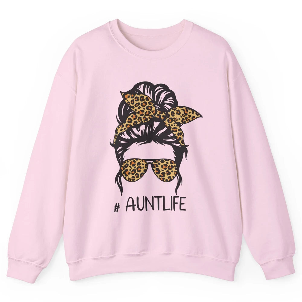 Aunt Life Messy Bun Hair Leopard Sunglasses Bandana Auntie Unisex Crewneck Sweatshirt