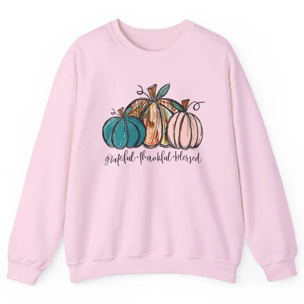 Grateful Thankful Blessed Doodle Pumpkin Fall Thanksgiving Unisex Crewneck Sweatshirt