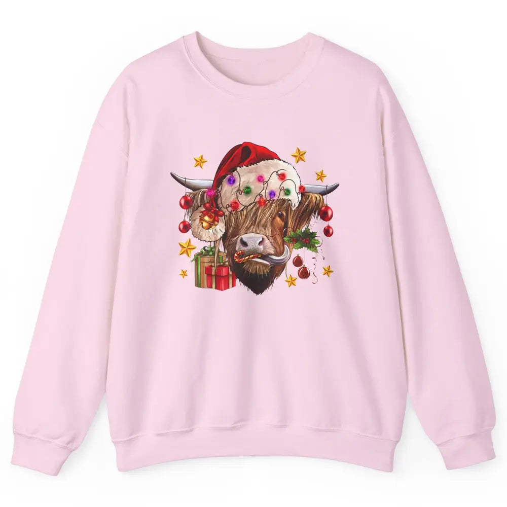 Highland Cow Joy Santa Hat Christmas Ornament Western Farm Unisex Crewneck Sweatshirt