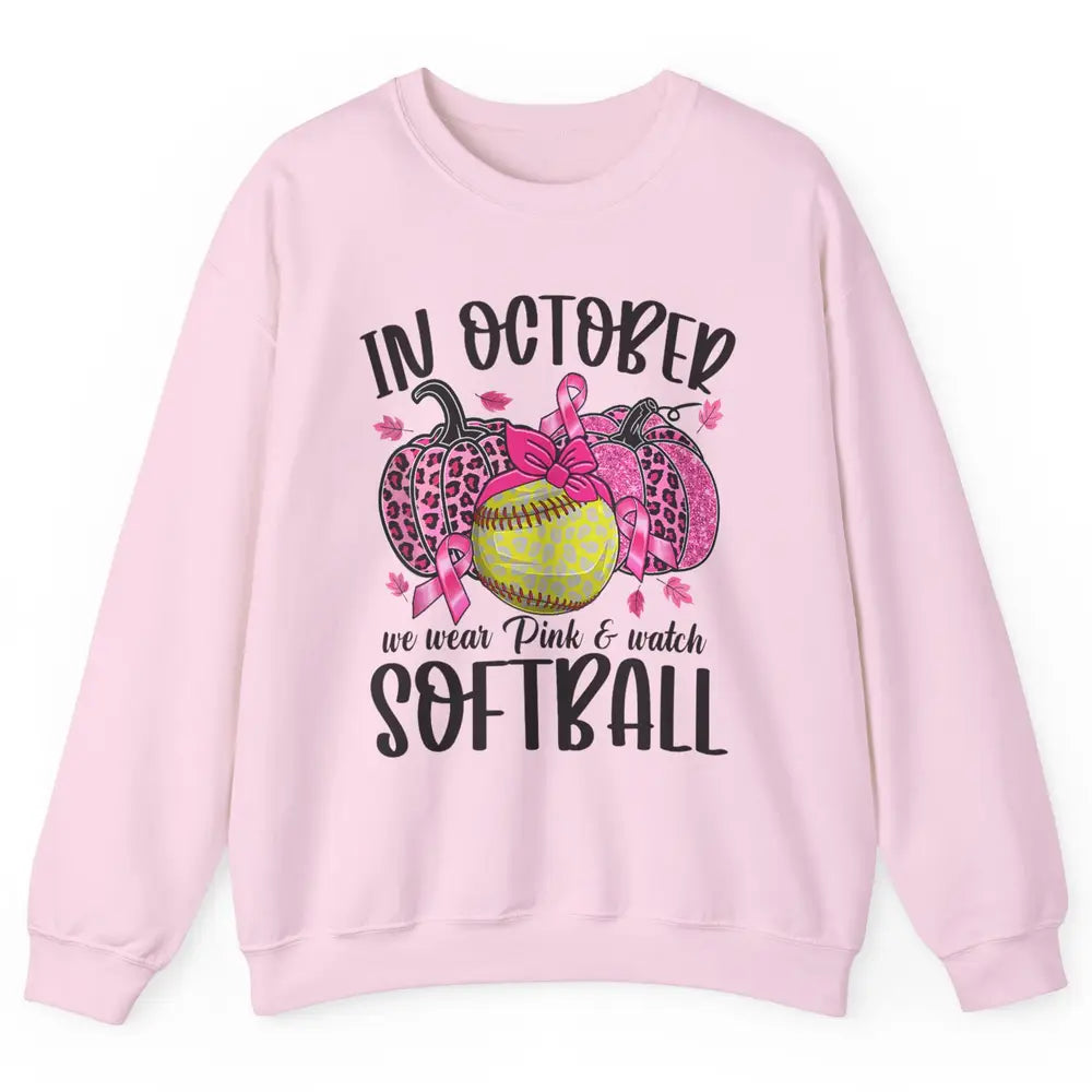 Softball Leopard Pumpkin In October Breast Cancer Awareness Unisex Crewneck Sweatshirt