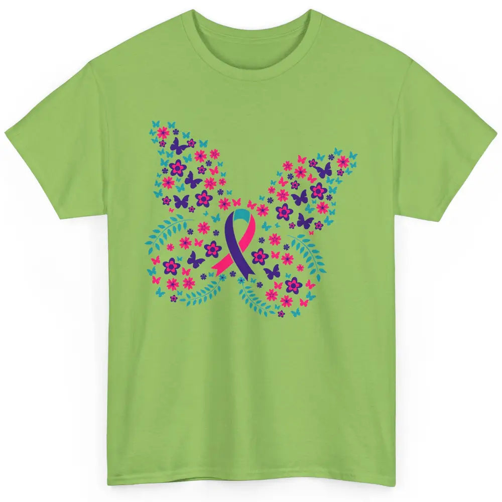 Floral Butterfly Teal Pink Warrior Thyroid Cancer Awareness Classic Unisex T-Shirt