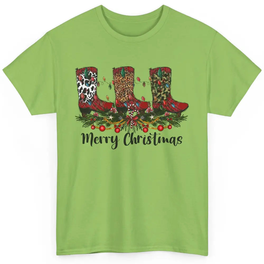 Christmas Cowboy Boots Santa Boots Leopard Western Christmas Classic Unisex T-Shirt