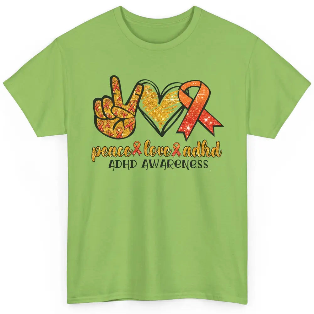 ADHD Awareness Month Peace Love ADHD Orange Ribbon Classic Unisex T-Shirt