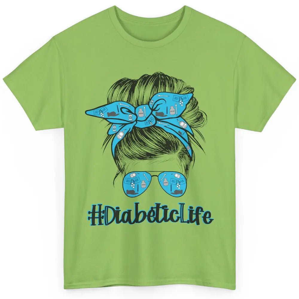 Diabetic Life Mom Messy Bun Blue Ribbon Diabetes Awareness Classic Unisex T-Shirt