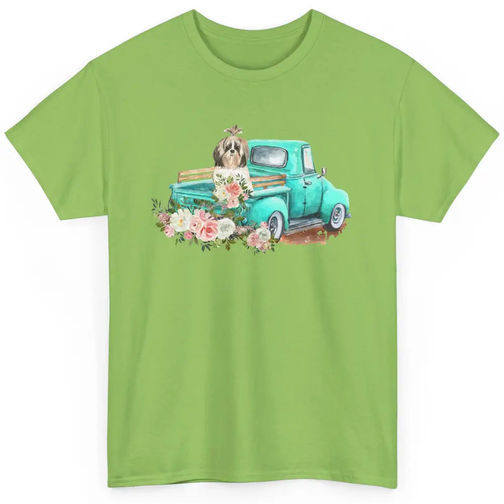 Cute Shih Tzu On Teal Truck Dog Lovers Retro Truck Christmas Classic Unisex T-Shirt