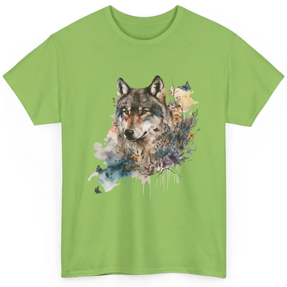 Watercolor Wolf Face Howl Butterfly Wolves Wild Animal Retro Classic Unisex T-Shirt