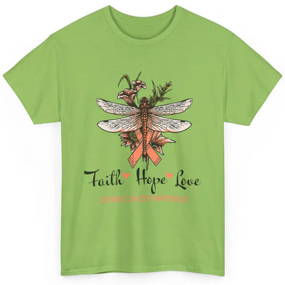 Faith Hope Love Dragonfly Peach Uterine Cancer Awareness Classic Unisex T-Shirt