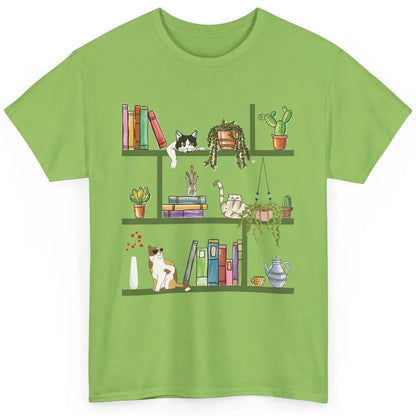 Funny Cats Lying On Floral Bookshelf Book Kitten Minimalist Classic Unisex T-Shirt