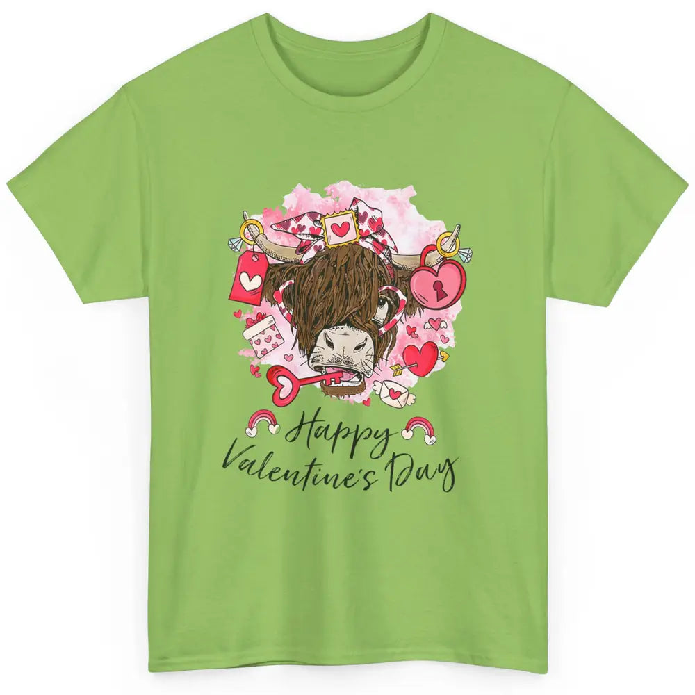 Cute Highland Cow Heart Western Happy Valentine Day Love Classic Unisex T-Shirt