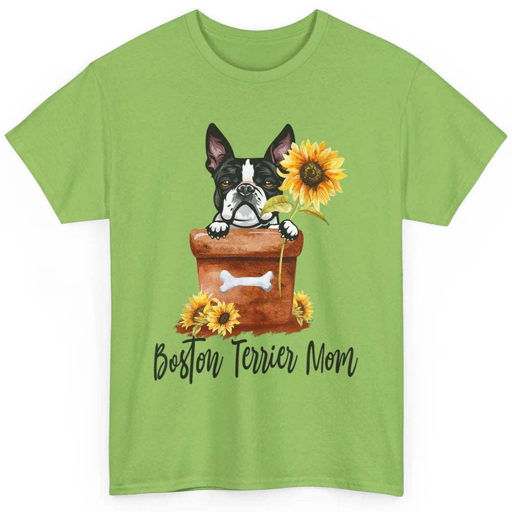 Funny Boston Terrier Dog Face Sunflowers Puppy Dog Mom Mama Classic Unisex T-Shirt