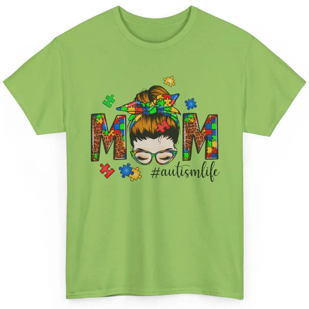 Autism Mom Messy Bun Hair Autism Leopard Puzzle Bandana Classic Unisex T-Shirt