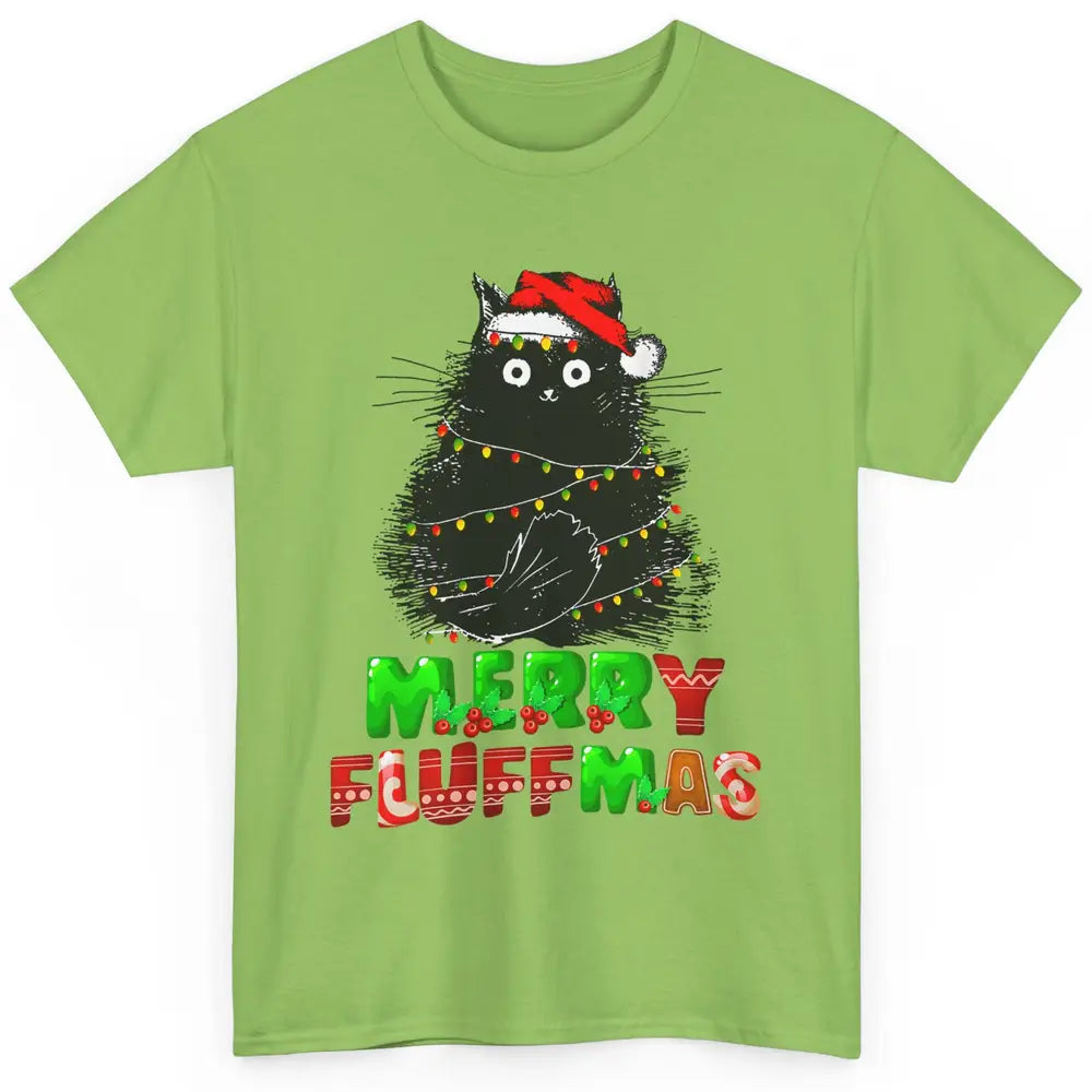 Merry Christmas Catmas Santa Hat Black Cat Xmas Lights Tree Classic Unisex T-Shirt