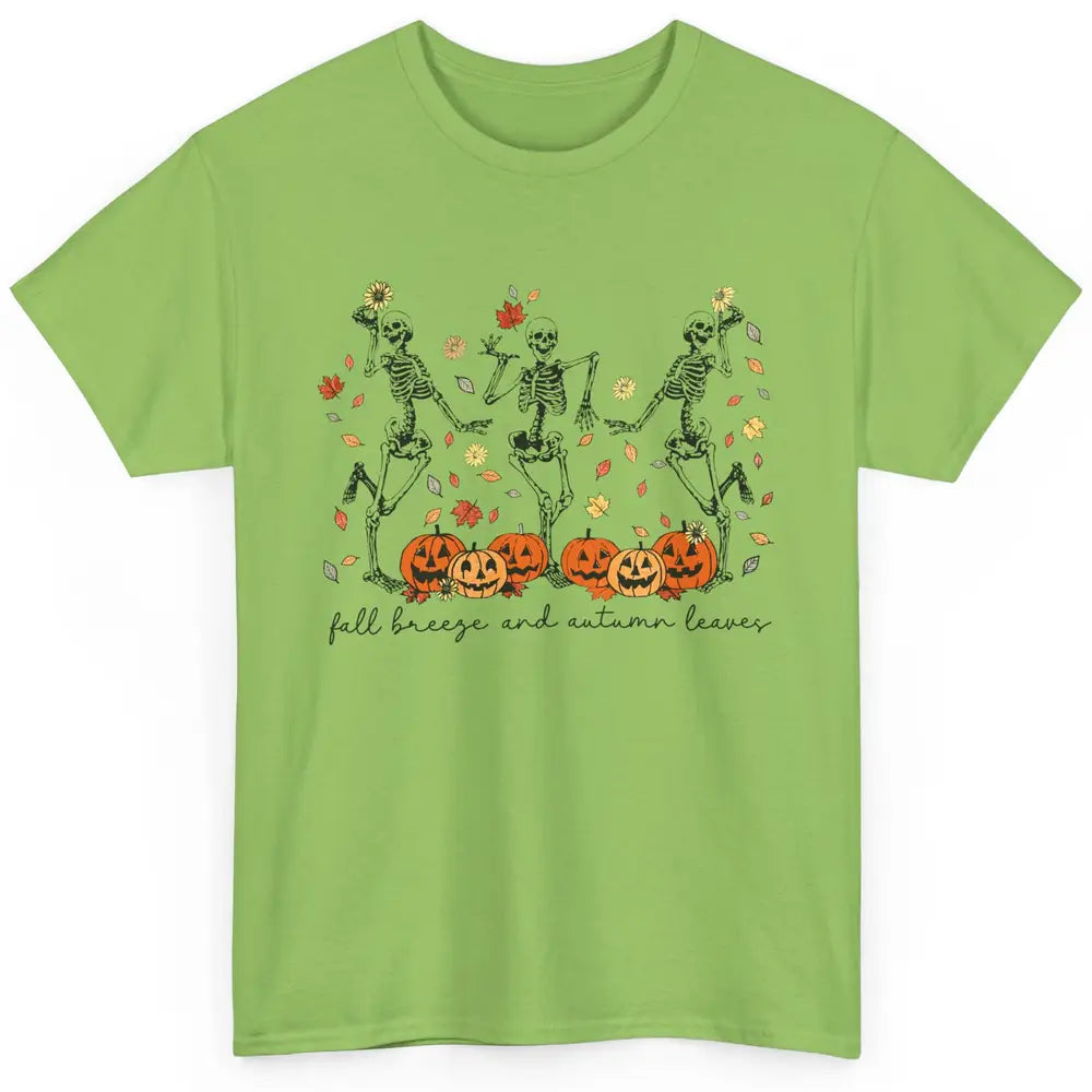 Retro Pumpkin Dancing Skeleton Fall Breeze And Autumn Leaves Classic Unisex T-Shirt