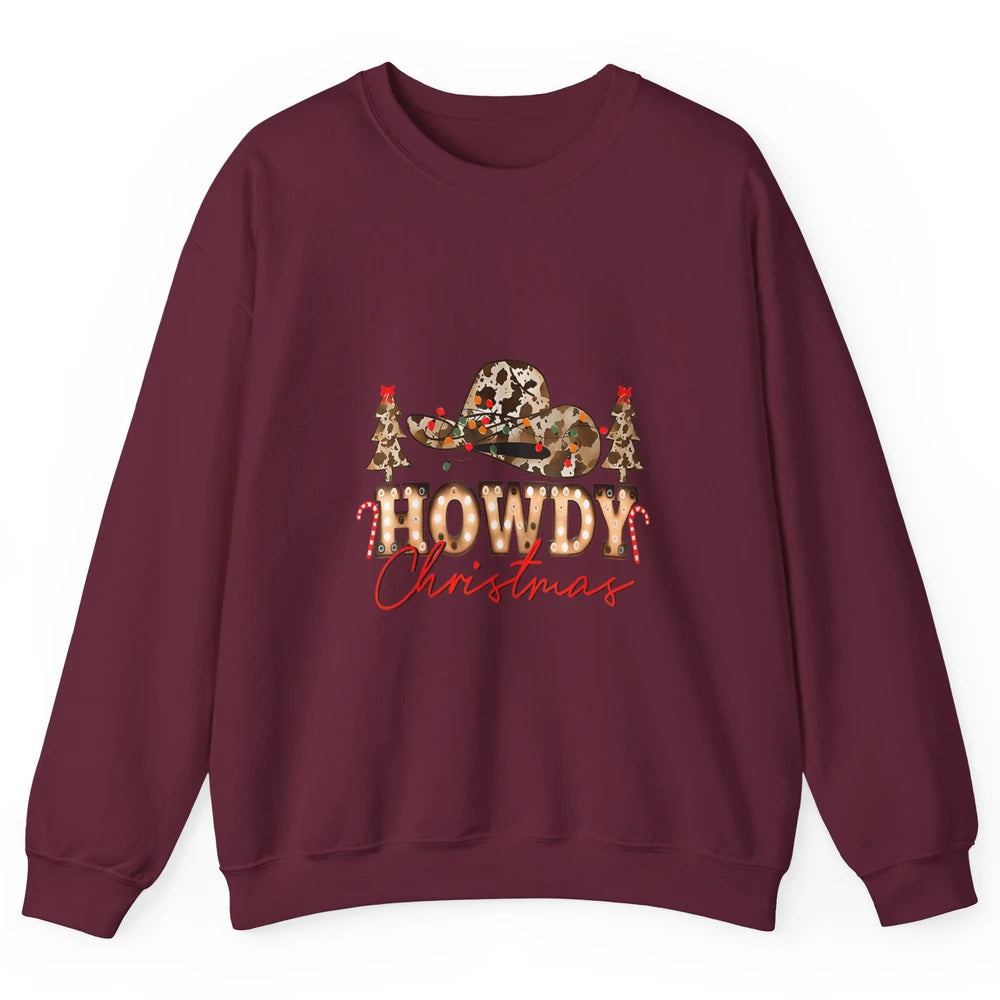 Merry Christmas Howdy Xmas Pine Trees Leopard Cowboy Hat Unisex Crewneck Sweatshirt