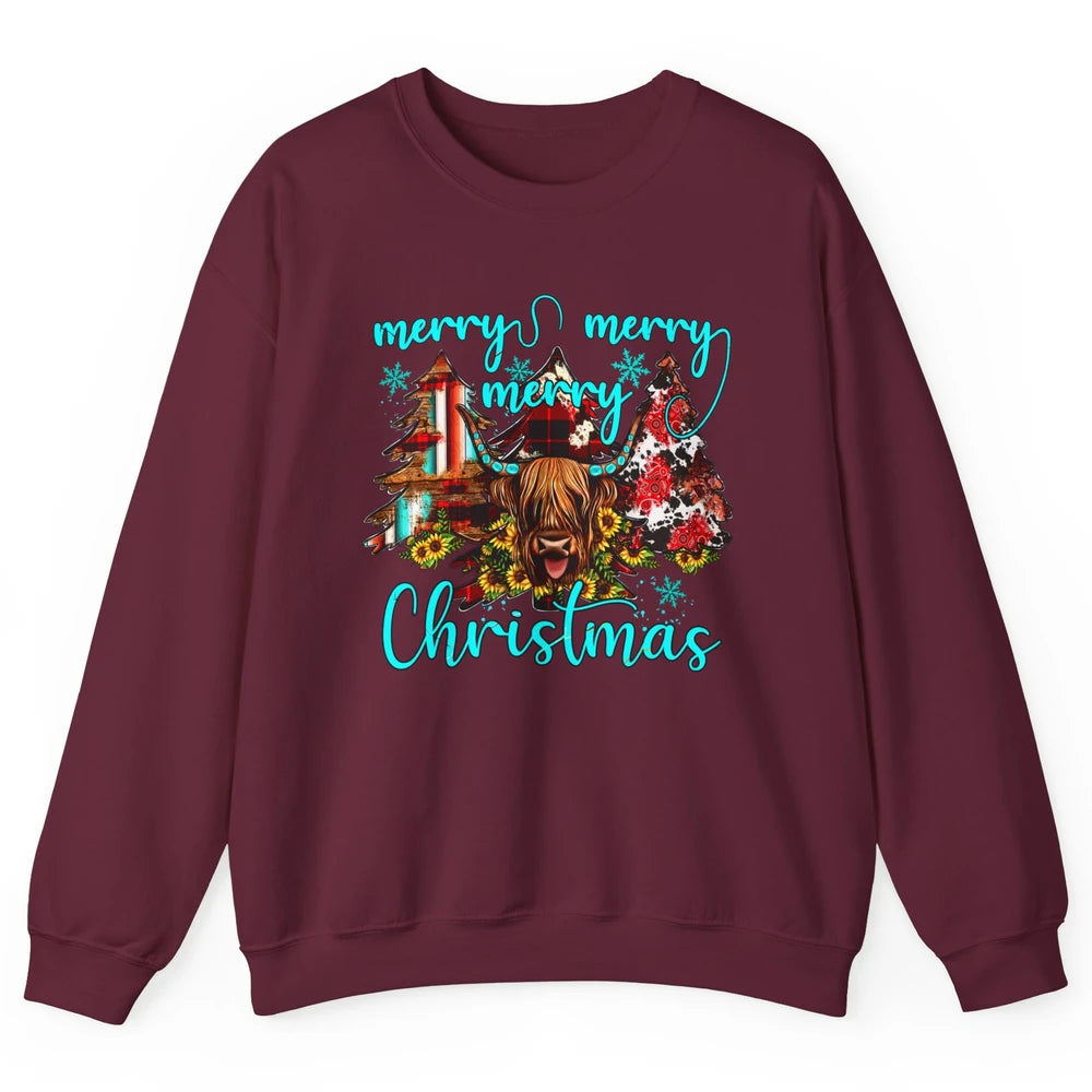 Highland Cow Merry Christmas Heifer Western Country Cowboy Unisex Crewneck Sweatshirt