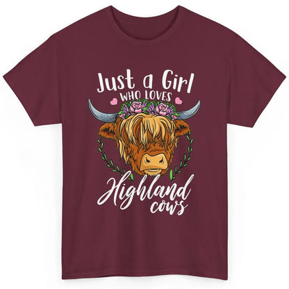 Vintage Just Girl Loves Highland Cow Floral Western Animal Classic Unisex T-Shirt