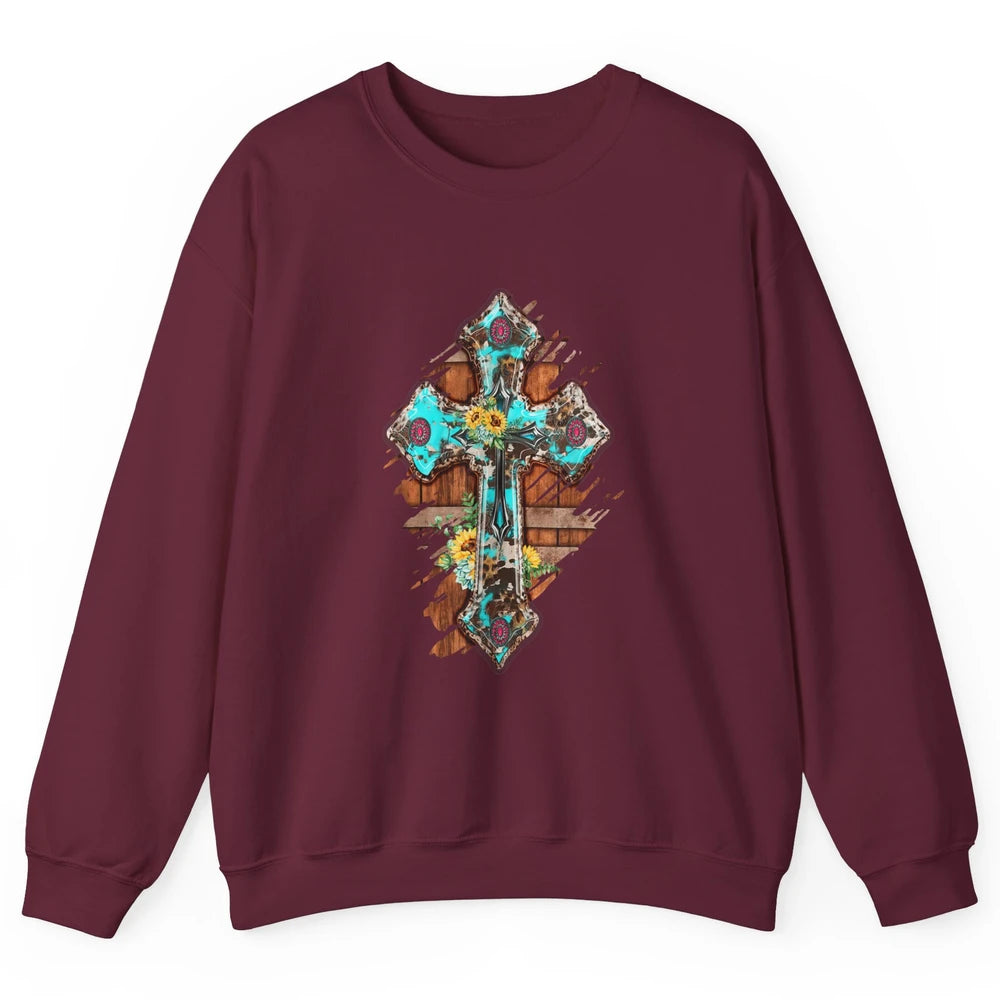 Western Country Boho Christian Turquoise Leopard Faith Cross Unisex Crewneck Sweatshirt