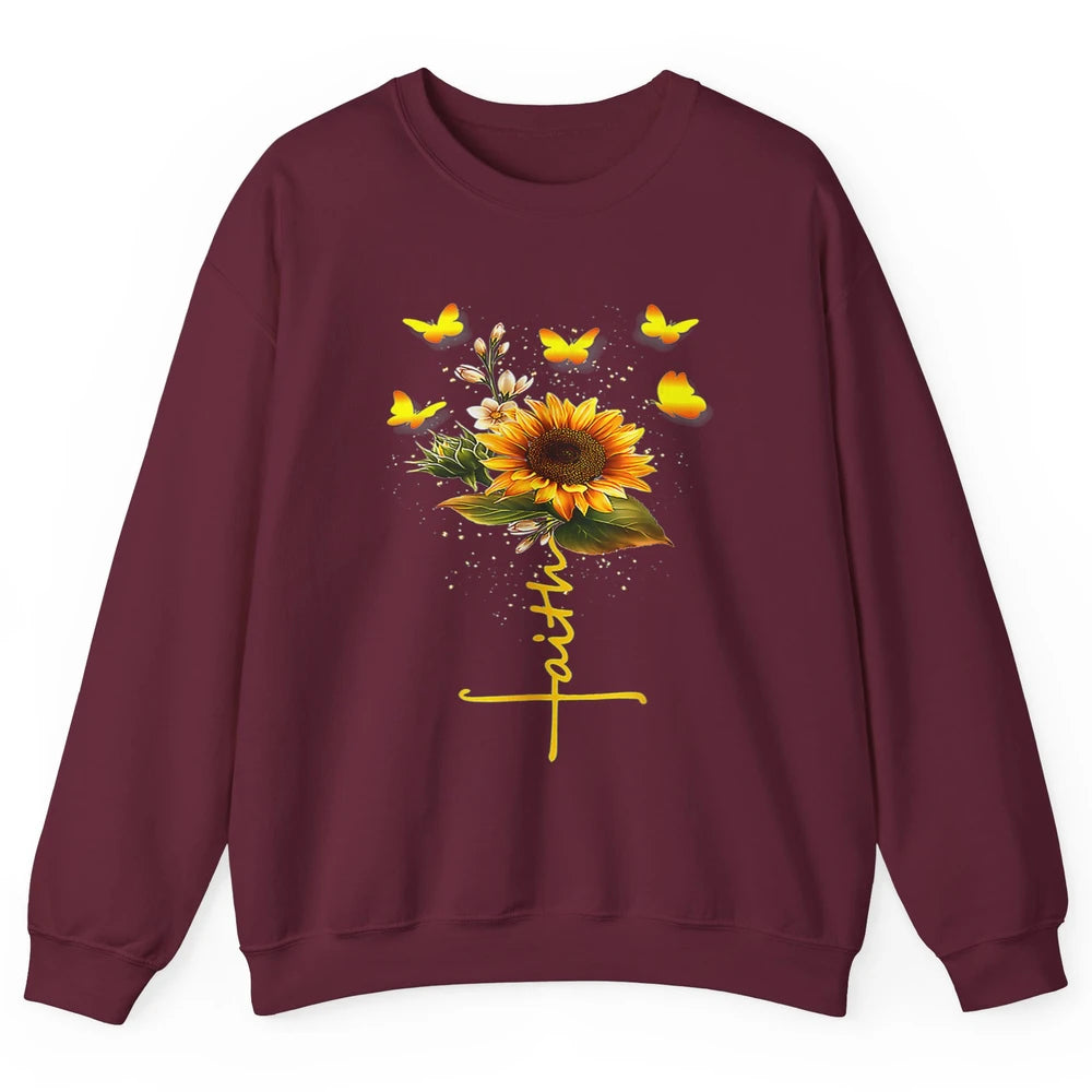 Vintage Faith Cross Sunflower Butterfly Christian Jesus God Unisex Crewneck Sweatshirt