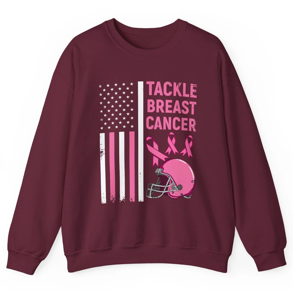 Tackle Breast Cancer US Flag Football Helmet Pink Ribbon Unisex Crewneck Sweatshirt