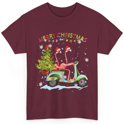 Merry Christmas Flamingos Santa Hat Xmas Lights Motorbike Classic Unisex T-Shirt