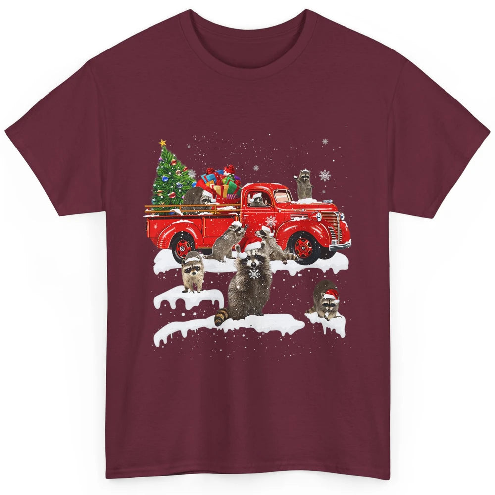 Funny Red Truck Raccoon Xmas Tree Lights Merry Christmas Classic Unisex T-Shirt