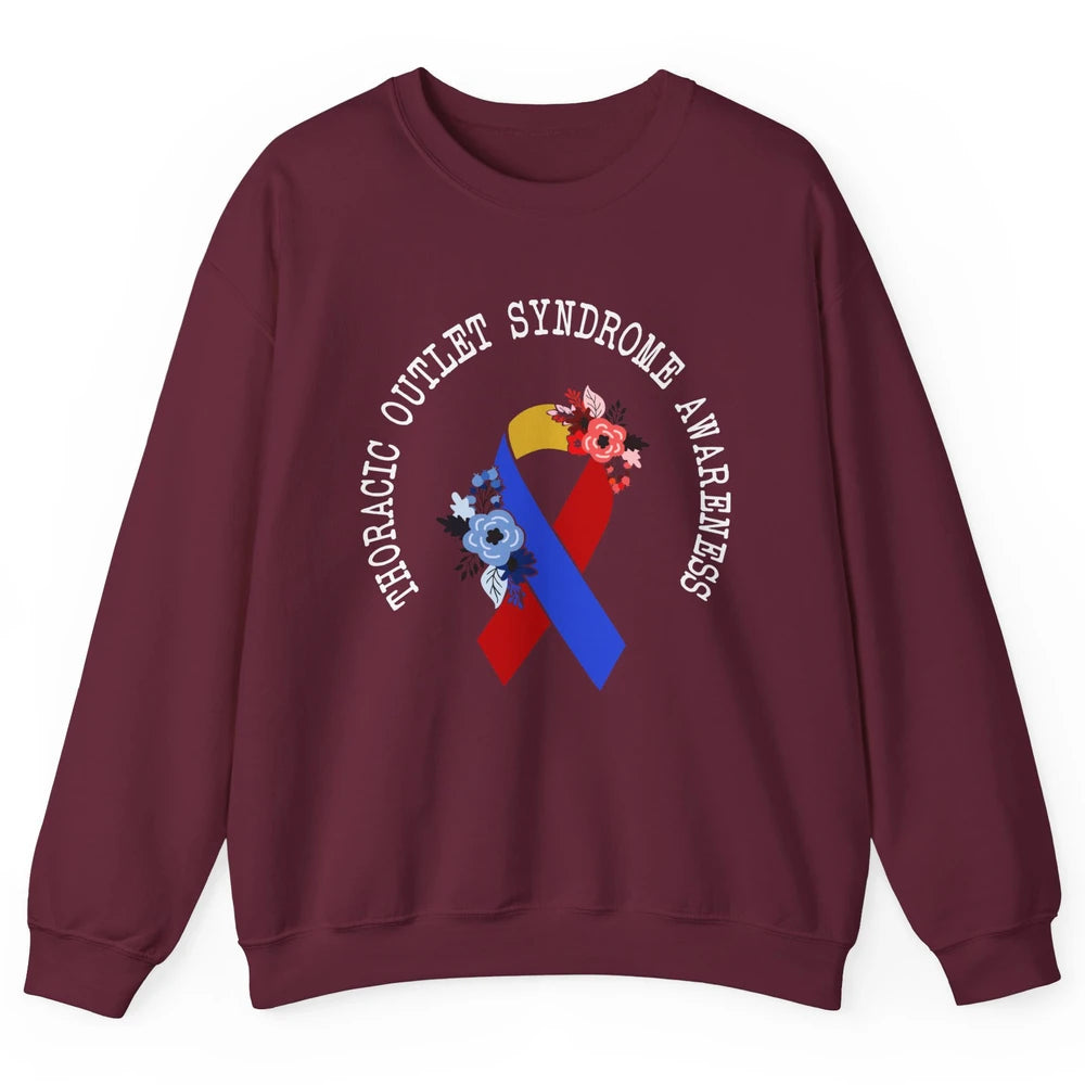 Thoracic Outlet Syndrome Awareness Floral Blue Red Ribbon Unisex Crewneck Sweatshirt