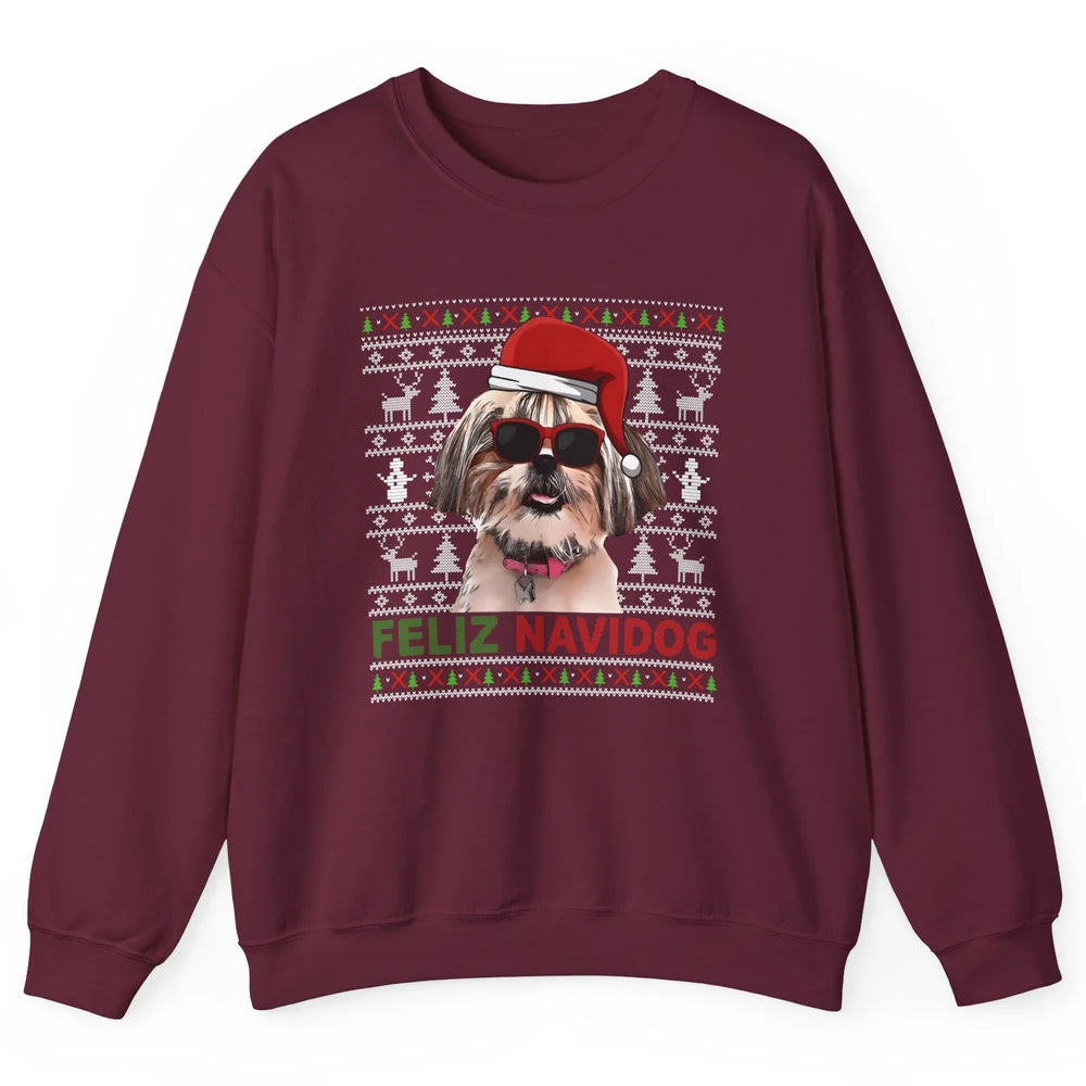 Funny Santa Shih Tzu Dog Feliz Navidog Christmas Tree Ugly Unisex Crewneck Sweatshirt