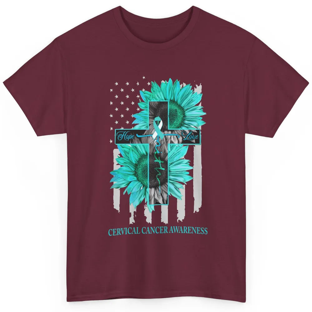 Cervical Cancer Faith Hope Turquoise US Flag Jesus Cross Classic Unisex T-Shirt