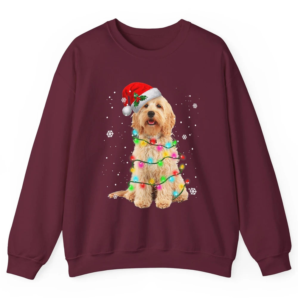 Merry Christmas Golden Doodle Dog Santa Hat Xmas Tree Lights Unisex Crewneck Sweatshirt