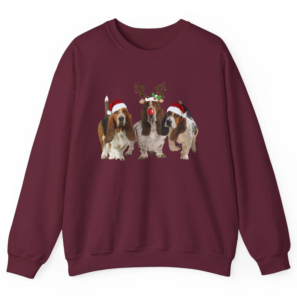 Basset Hound Santa Hats And Reindeer Horns Christmas Dog Mom Unisex Crewneck Sweatshirt