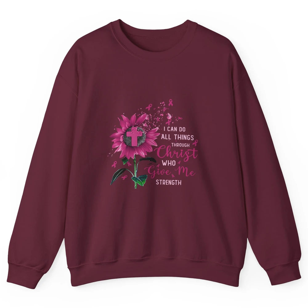 Breast Cancer Month Sunflower God Strength Cross Pink Ribbon Unisex Crewneck Sweatshirt