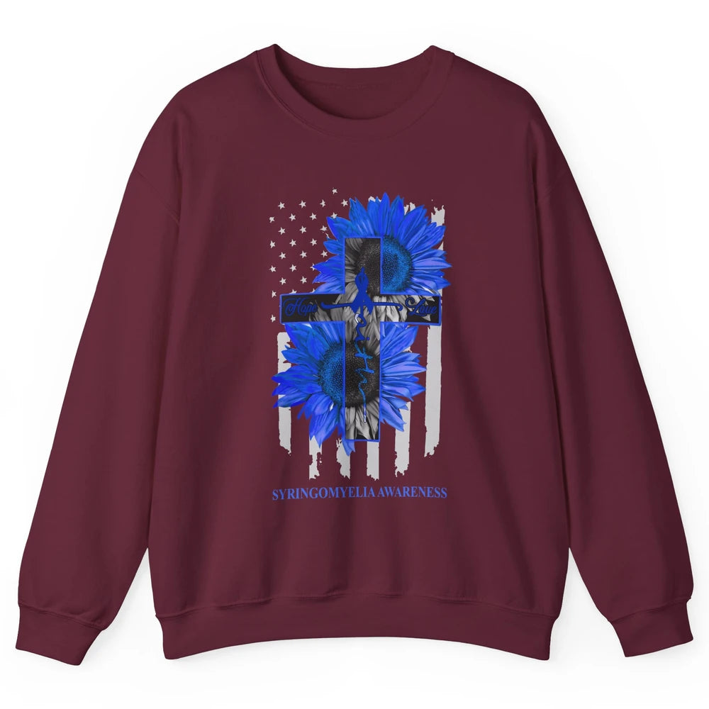 Syringomyelia Awareness Faith Hope Love Blue Ribbon US Flag Unisex Crewneck Sweatshirt