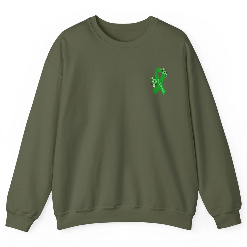 Scoliosis Awareness Support Floral Green Ribbon Pocket Size Unisex Crewneck Sweatshirt