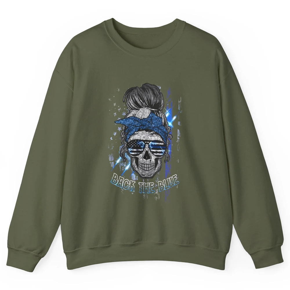 Back The Blue Police American Flag Skull Lady 4th of July Unisex Crewneck Sweatshirt