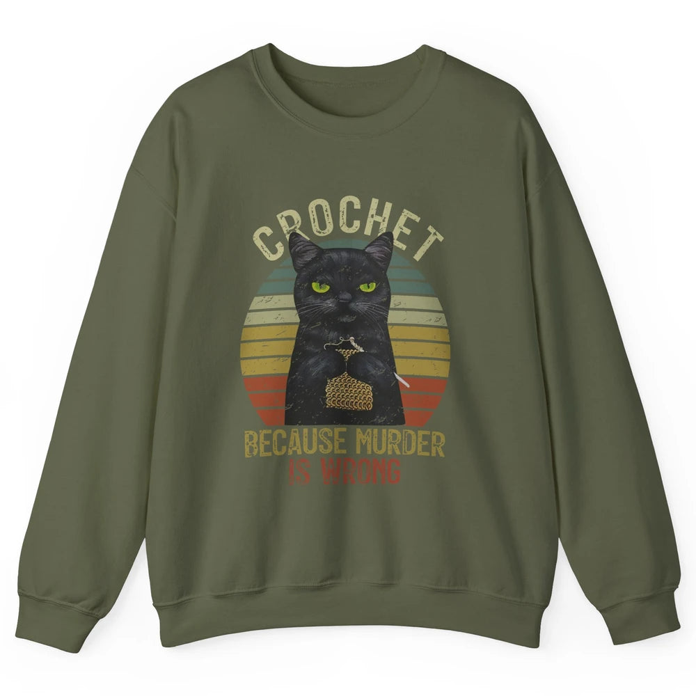 Vintage Black Cat Crochet Because Murder is Wrong Yarning Unisex Crewneck Sweatshirt