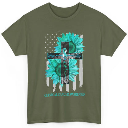 Cervical Cancer Faith Hope Turquoise US Flag Jesus Cross Classic Unisex T-Shirt