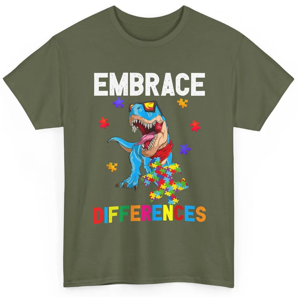 Autism Awareness Dinosaur Puzzle Piece Embrace Differences Classic Unisex T-Shirt