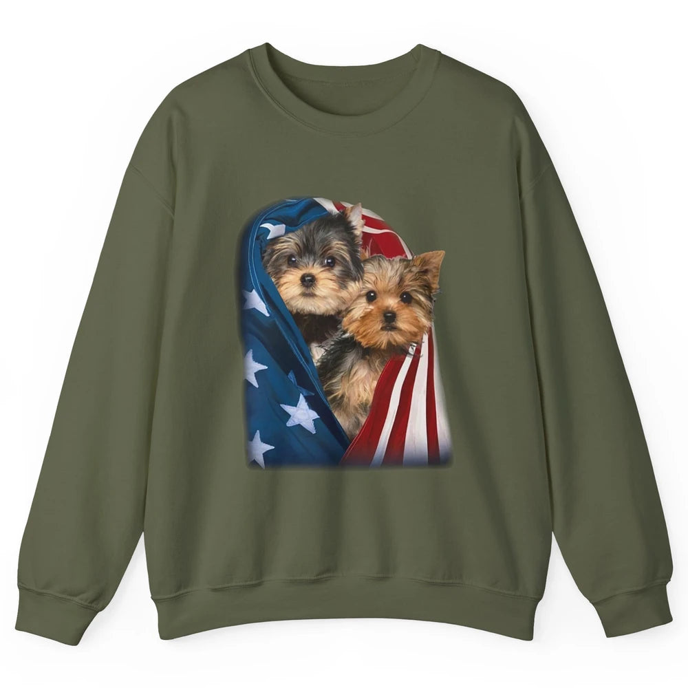 Yorkshire Terrier US Flag July 4th Patriotic Yorkie Puppies Unisex Crewneck Sweatshirt