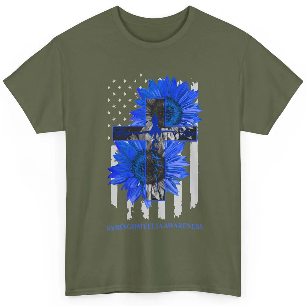 Syringomyelia Awareness Faith Hope Love Blue Ribbon US Flag Classic Unisex T-Shirt