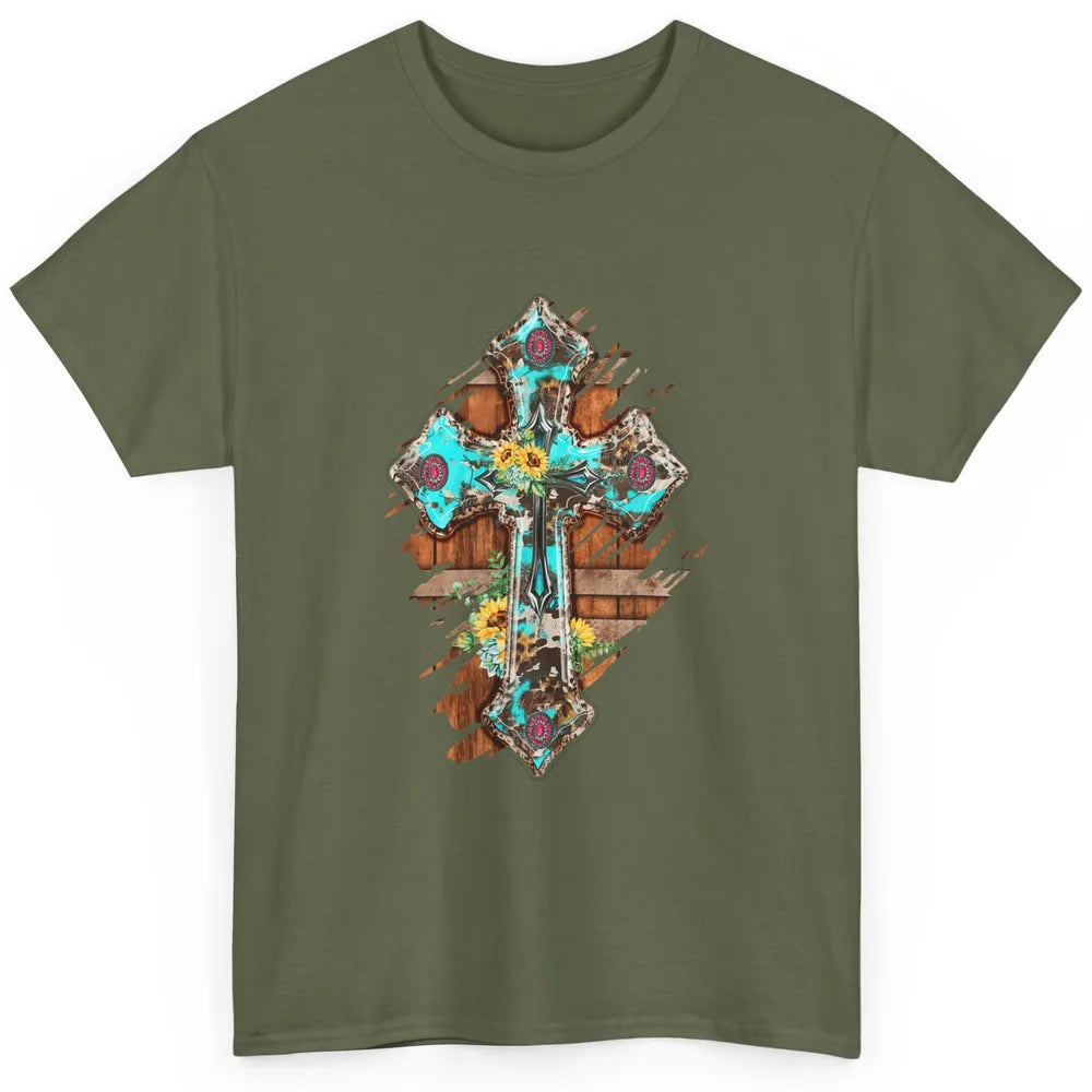 Western Country Boho Christian Turquoise Leopard Faith Cross Classic Unisex T-Shirt