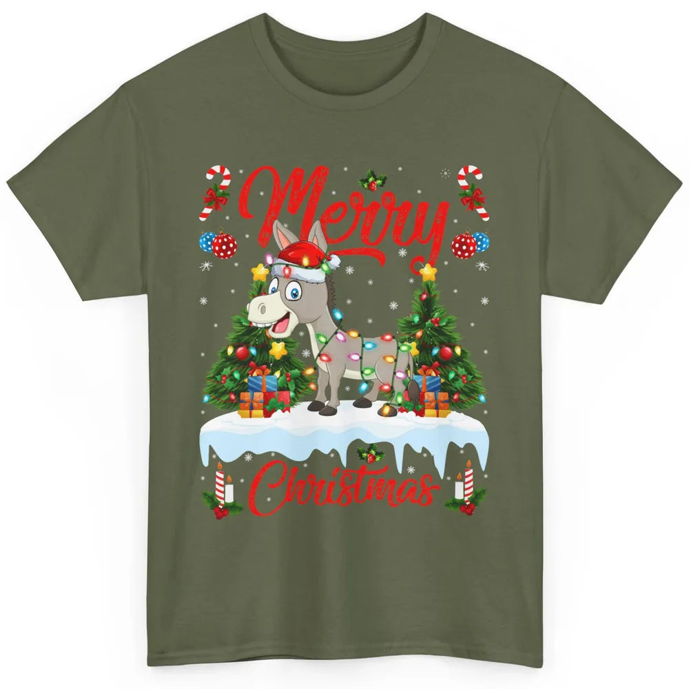 Merry Christmas Donkey Santa Claus Hat Xmas Tree Lights Snow Classic Unisex T-Shirt