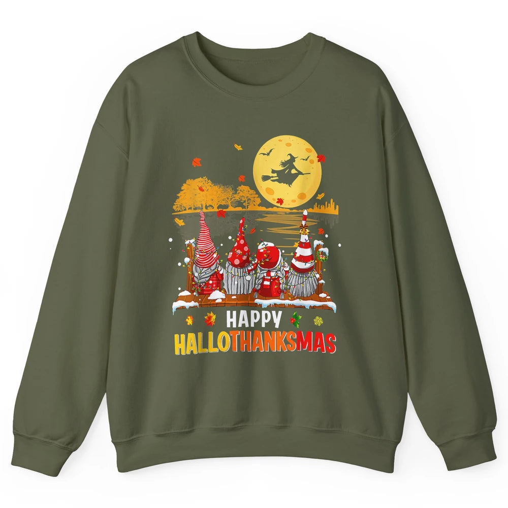 Merry Christmas Gnomes Happy Halloween Witch Xmas Lights Unisex Crewneck Sweatshirt