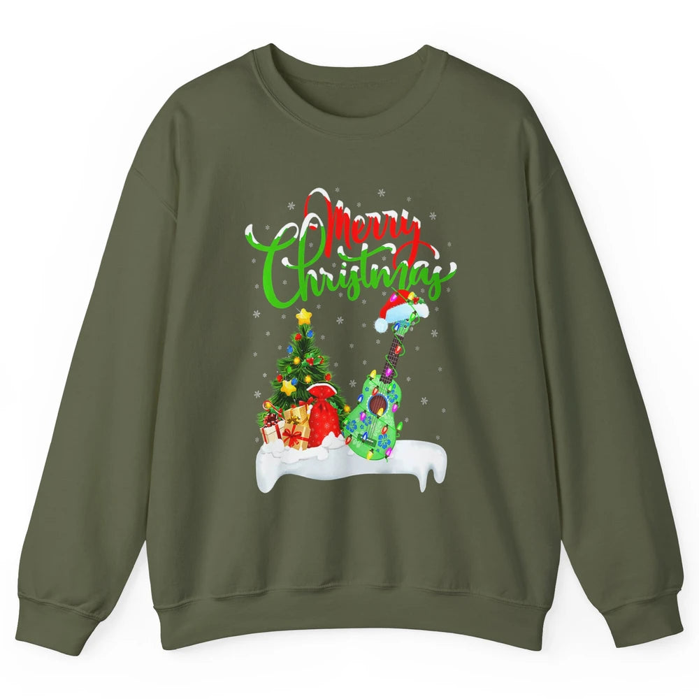 Merry Christmas Funny Ukulele Xmas Lights Santa Hat Music Unisex Crewneck Sweatshirt