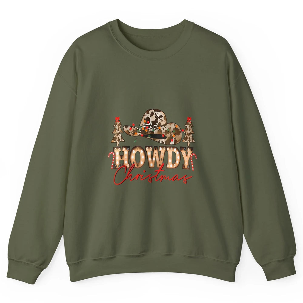 Merry Christmas Howdy Xmas Pine Trees Leopard Cowboy Hat Unisex Crewneck Sweatshirt