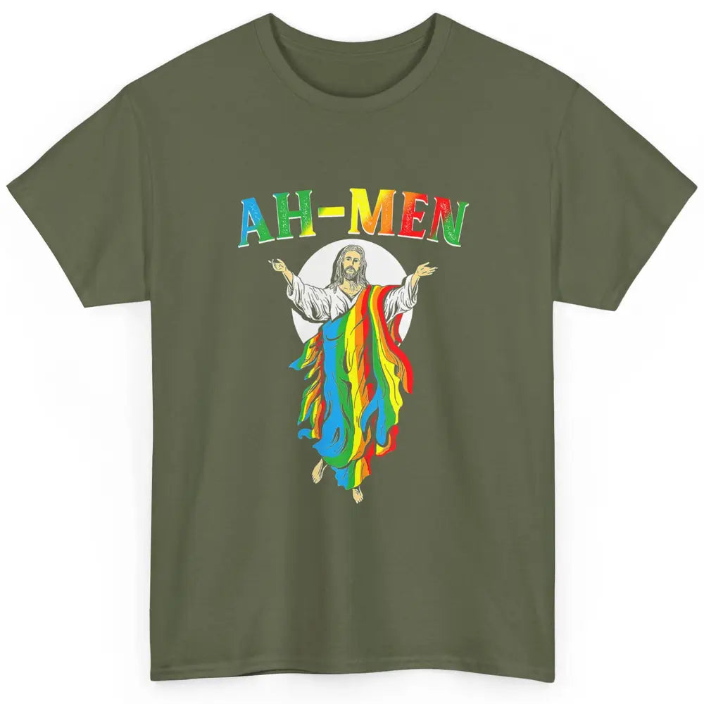 Ah Men LGBT Gay Pride Jesus Christian God Rainbow Flag Love Classic Unisex T-Shirt