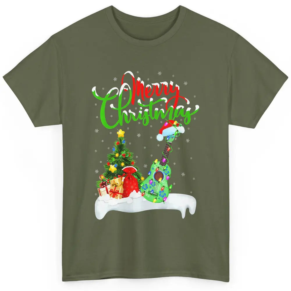 Merry Christmas Funny Ukulele Xmas Lights Santa Hat Music Classic Unisex T-Shirt