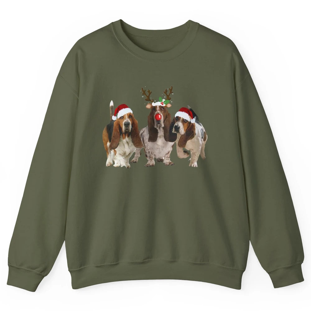 Basset Hound Santa Hats And Reindeer Horns Christmas Dog Mom Unisex Crewneck Sweatshirt